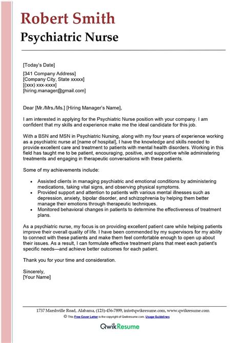Psychiatric Nurse Cover Letter Examples Qwikresume