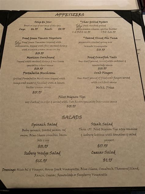 Two Rivers Restaurant Menu Upscale New American Cuisine